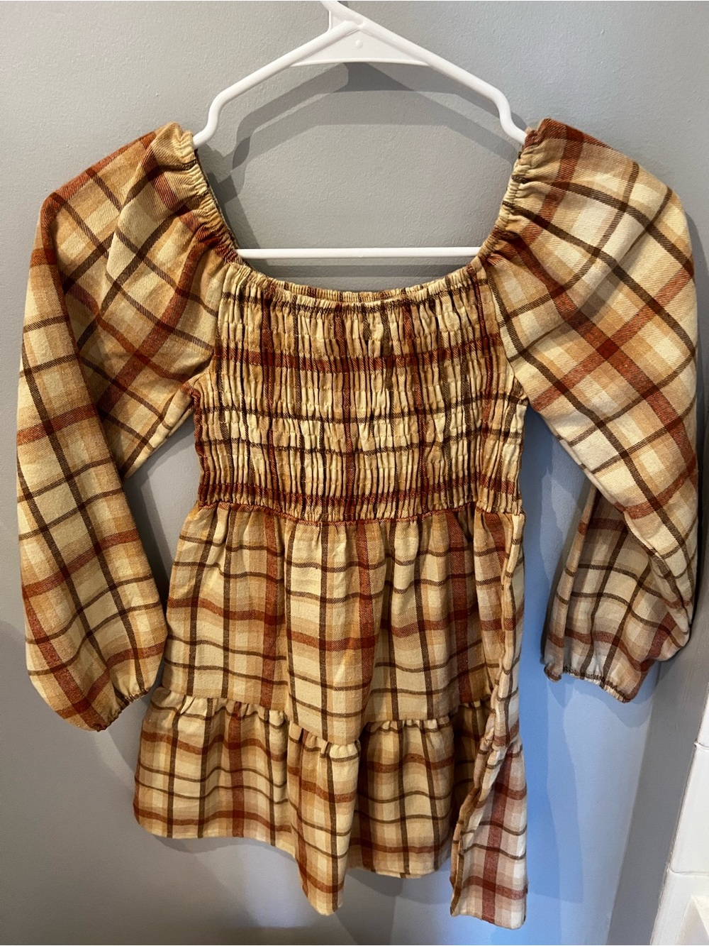 Girls Plaid Smocked Peasant Dress with balloon sleeves in Cream and Brown Tones